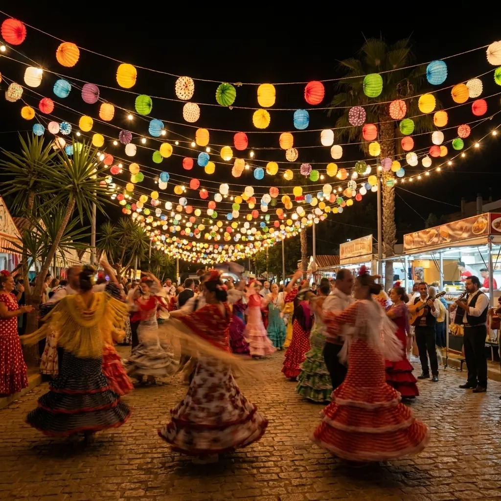 A village fiesta at night under paper lanterns.