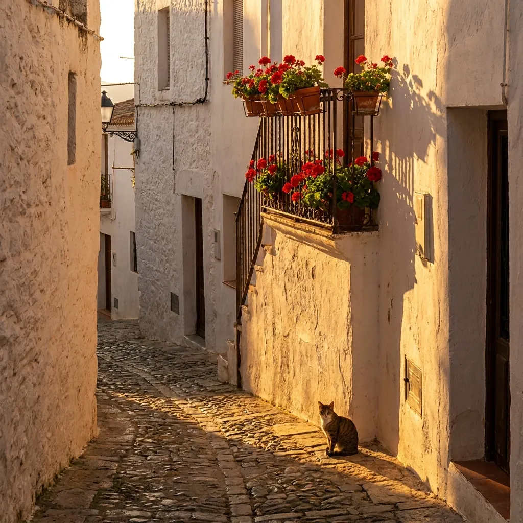 A cobbled lane in golden hour.