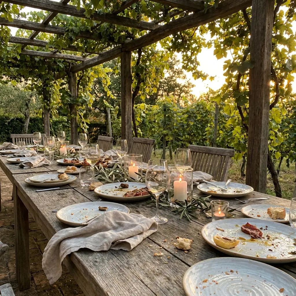 A long lunch under a vine pergola, late afternoon.