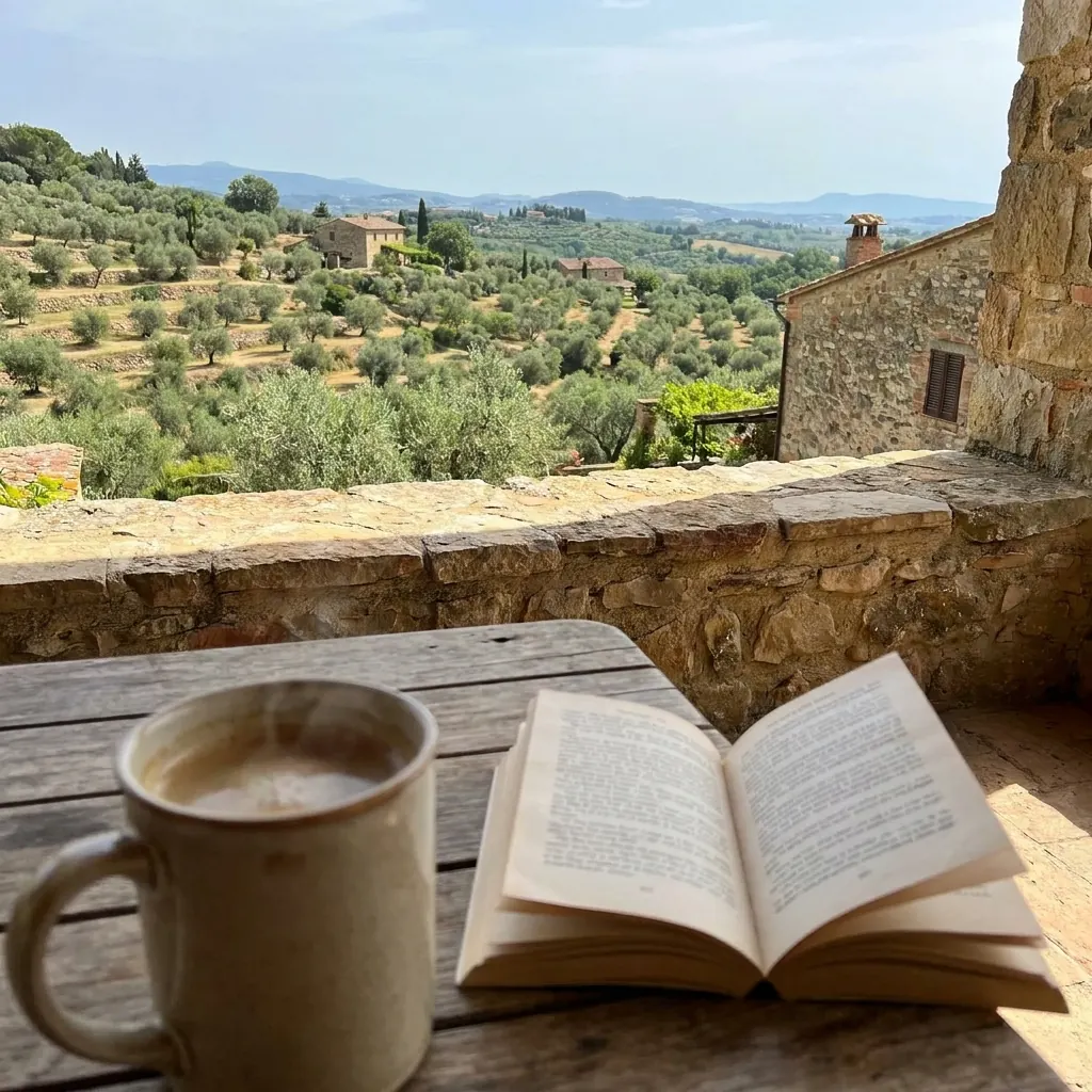 A coffee and a book on a terrace overlooking olive groves.